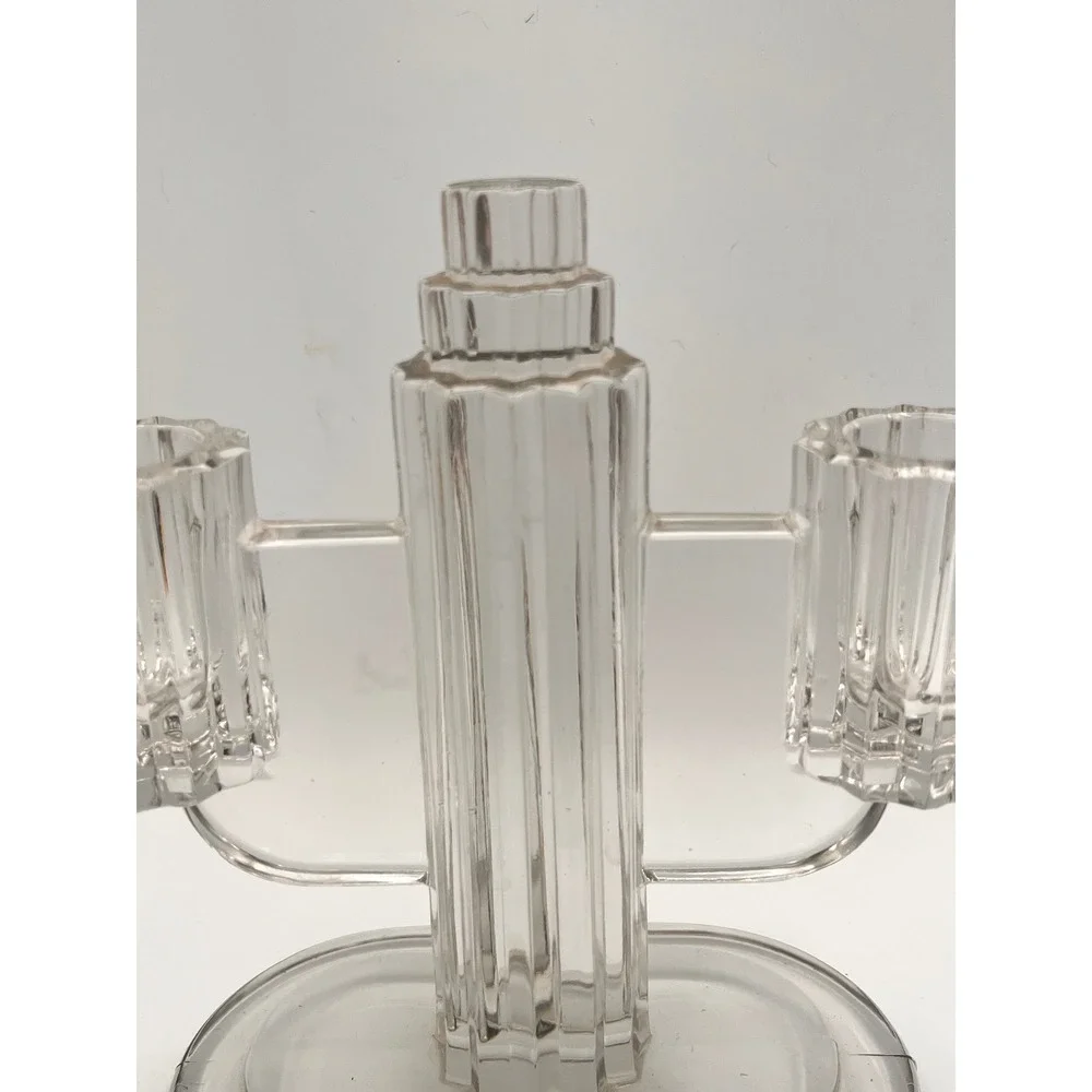 Vintage Heisey Ridgeleigh Art Deco 1930's Pressed Glass Dual Candle Stick Holder